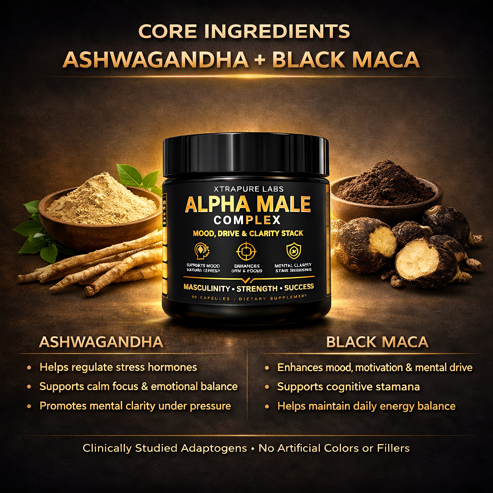 Alpha Male Complex Capsules – Mood, Drive & Mental Clarity Stack | Black Maca & Ashwagandha | 30 Capsules
